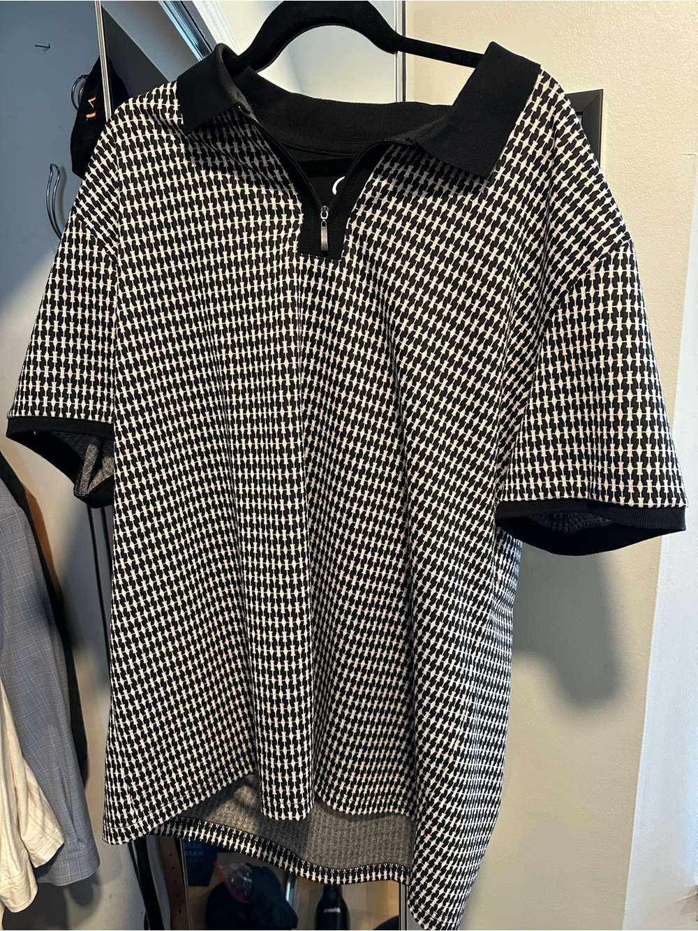 Men's Black and White Houndstooth Zip Polo